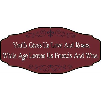 Wine Lovers Decorative Sign 'Youth Gives Us Love And Roses, While Age Leaves us Friends And Wine' (KEN15)